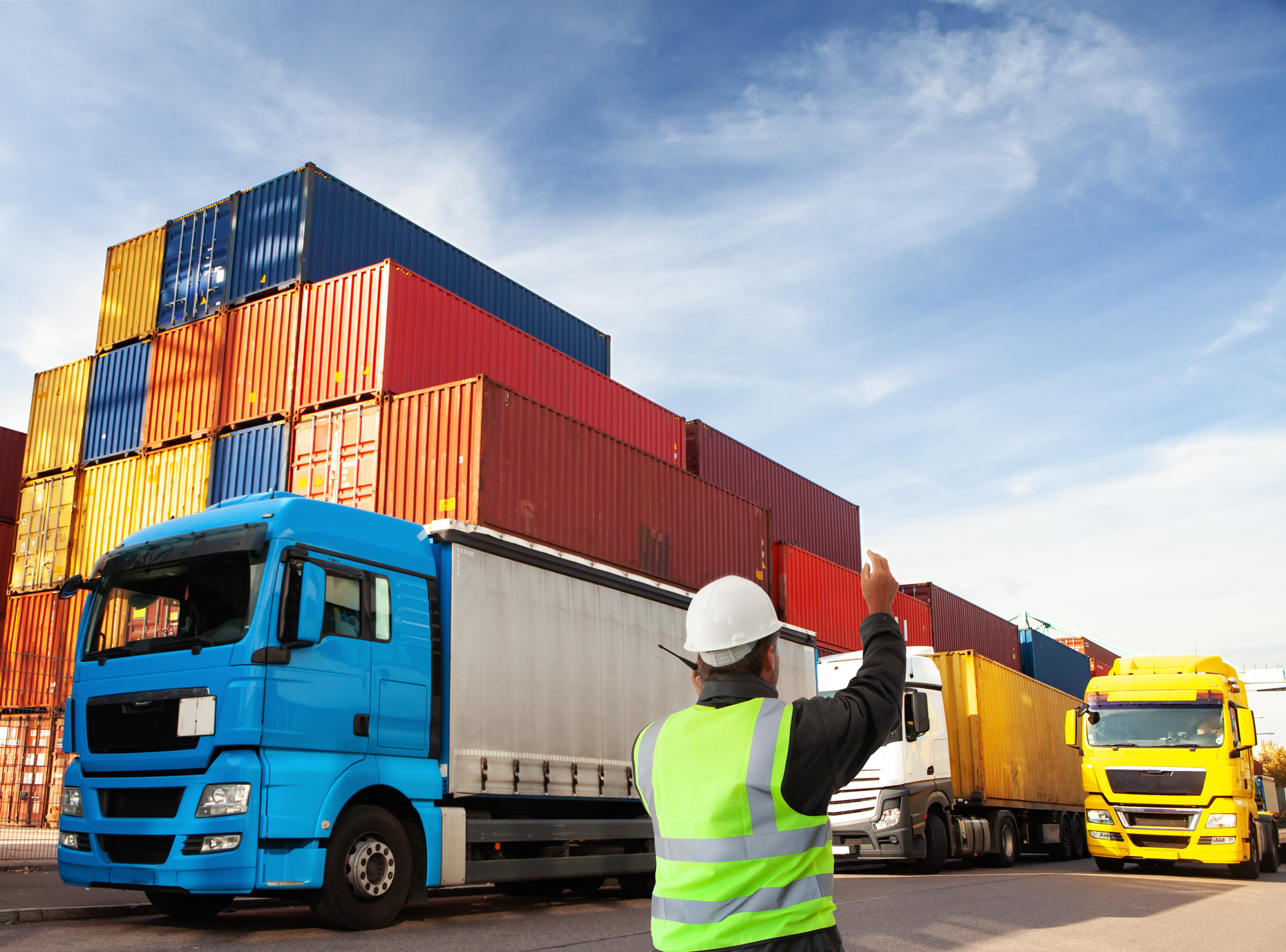 container terminal with trucks with freight forwarding manager,worker